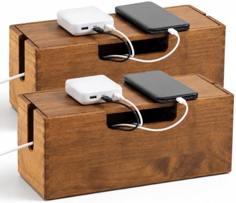 2 Pack Acacia Wood Cable Management Box with Magnetic Lid, Large Cord Management Box for Power Strip, Desk/Floor/TV Wire Storage, Cord Hider Box Under Desk Storage for Home Office