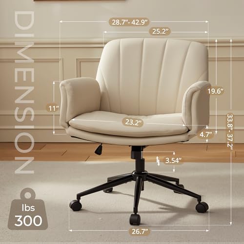 Dowinx Criss Cross Chair with Five-Level Adjustable Arms and Wheels - Comfortable Ergonomic PU Leather Swivel Vanity Chair - Computer Makeup Gaming Chair for Home Office, Bedroom, Vanity Room (Cream)