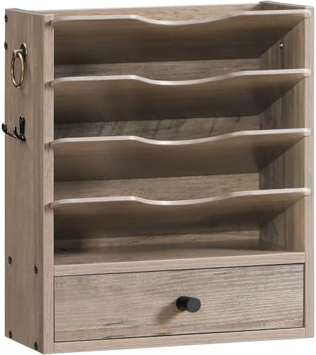 HOOBRO Wall File Organizer, Mail Organizer Wall Mounted, Wooden Mail Sorter, Construction Paper Holder with Drawer Storage and 2 Hooks, for Office, Classroom, Home, Greige BG14WF01