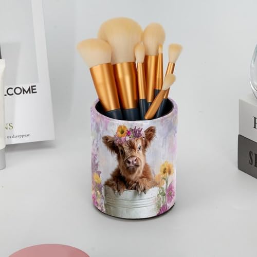 Leather Pen Holder for Desk, Highland Cow Purple Flower Pencil Cup Pen Organizer Makeup Brush Holder for Office Home Kids Countertop Desk Accessory Storage