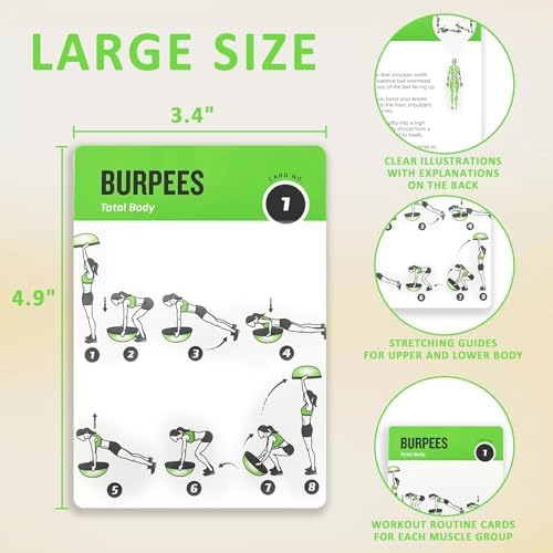 Half Balance Ball Workout Cards, 62 Exercises Cards Deck Large Size 5" x 3.5" Fitness Cards for Women & Men, Beginner Fitness Guide to Training Exercises at Home or Gym