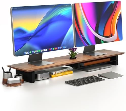 COREMINDED Solid Wood Dual Monitor Stand Riser, 42 Inch Walnut Desk Shelf