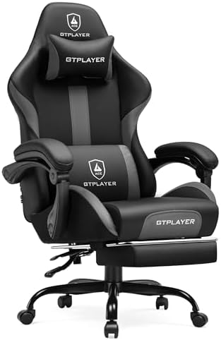 GTPLAYER Gaming Chair with Pocket Spring Cushion, Leather Office Chair with Ergonomic High Back & Lumbar Support for Back Pain Relief, Computer Game Chair for Adults, Gray