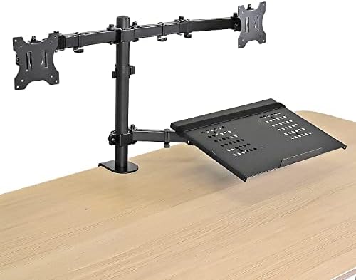 AEONS Dual Monitor and Laptop Desk Mount Combo Stand with Notebook Tray fits 17 inch, 3-in-1 Adjustable Triple Arm Mount fits 27 inch LCD Screen with VESA, Clamp and Cable Management, Black