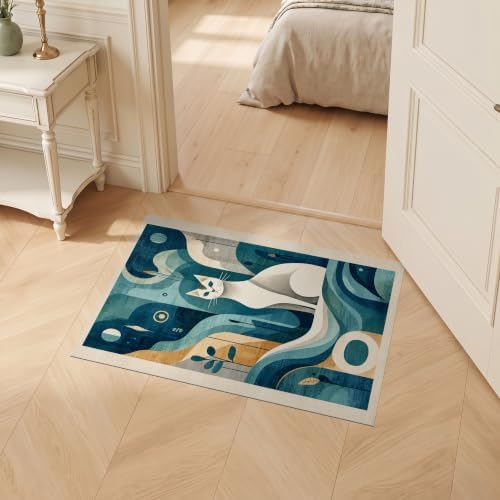 2'x3' Teal Blue Cat Boho Abstract Design Ultra-Soft Accent Mat