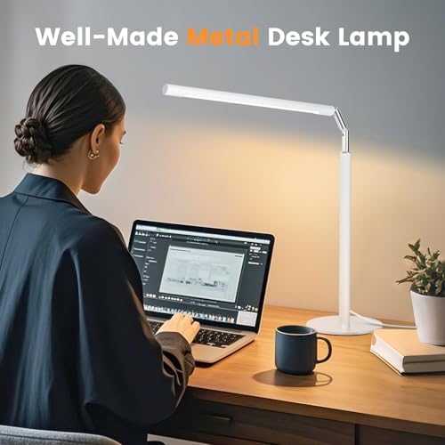 SIBRILLE White LED Desk Lamp, 16" Dimmable Metal Desk Light with Base, 15W 1200LM, Adapter Included, Color & Brightness Adjustable, Modern Tall Table Lamp for Home Office Reading Study Task Laptop