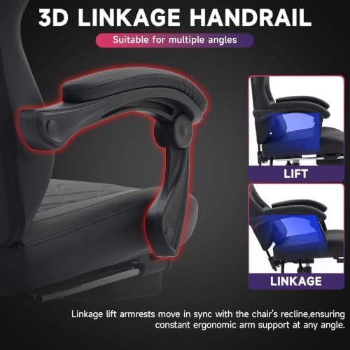 Gaming Chair with Footrest and Massage Lumbar Support, Ergonomic Computer Gamer Chair, Office Video Game Chairs with Adjustable Height and Backrest (Black)