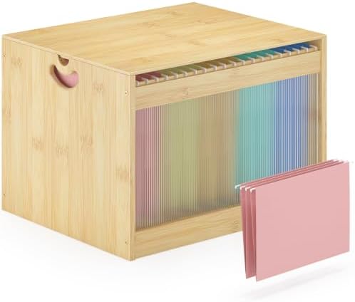 Bamboo Hanging File Box Organizer with Lid, File Folder, Nature, 1 Pack