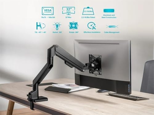 Monoprice Low Profile Single Monitor Gas Spring Desk Mount - Up to 32in/19.8 lbs Screens, Detachable VESA 100x100/75x75 Plate, 180 Degree Wall Stop, Topside Installation