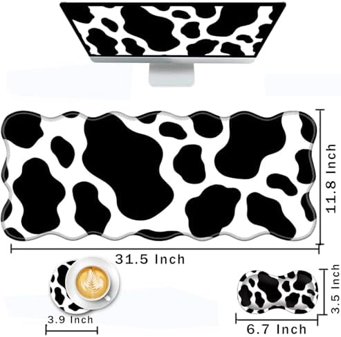Mouse Pad with Wrist Support + Desk Mat + Coaster 3 in 1 Set, XL Large Gaming Mousepad Ergonomic Mouse Pads for Desk Computer Laptop Office,Cow Print