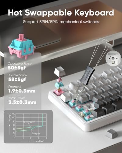 RedThunder K95 S Wireless Mechanical Gaming Keyboard, Hot Swappable Creamy Keyboard with Knob, RGB Backlit, Pre-lubed Linear Switches, Side Engraved PBT Keycaps, Wireless/Wired/BT5.0, Snow & Ash