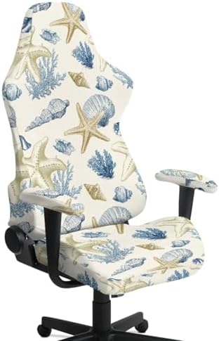 Starfish Seashell Coral Print Gaming Chair Cover with Armrest Covers Stretch Anti Dust Furniture Protector Washable Anti Slip Computer Chair Slipcover