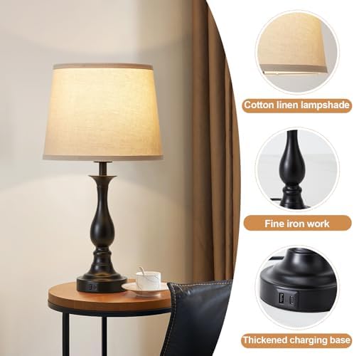 Bedside Table Lamp Touch Control Bedroom Lamps with USB A and C Charging Port 3 Way Dimmable Touch Lamps for Nightstand Living Room Bedroom Dorm Home Office Reading, Set of 2