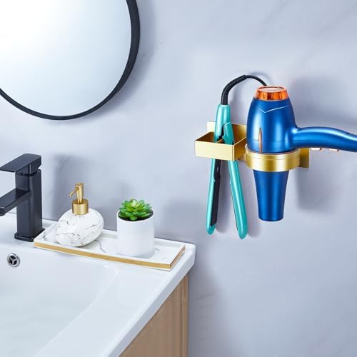 Hair Dryer Holder Wall Mounted, Hair Straightener Holder, Blow Dryer Holder Adhesive, Hair Tool Organizer for Flat Iron, Hairdryer, Curling Iron Holder for Bathroom Vanity Barber Shop (Gold)