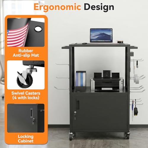 Mobile AV Cart, Heavy Duty Rolling Computer Cart with Push Handle & Hooks – Locking Cabinet, Pegboard, 4 Outlets, Lock Brake Casters – Media Utility Cart on Wheels for Office/Classroom