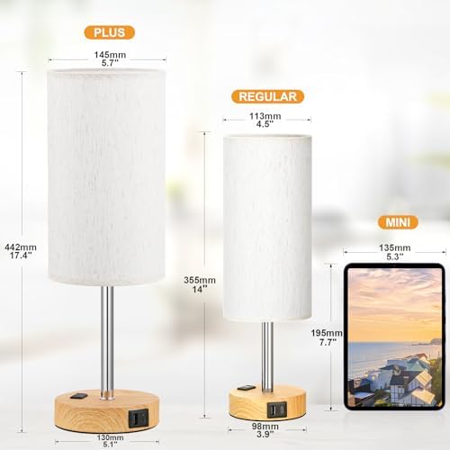Touch Bedside Table Lamps Set of 2 - Bedroom Lamp with USB A+C, AC Outlet