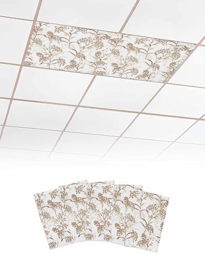 Brown Flower Magnetic Fluorescent Light Covers for Ceiling Lights 2 x 4 Feet,Spring Summer Retro Garden Herb Pastel Plant Office Classroom Kitchen Drop Ceiling Light Covers Lighting Filter 4 Packs