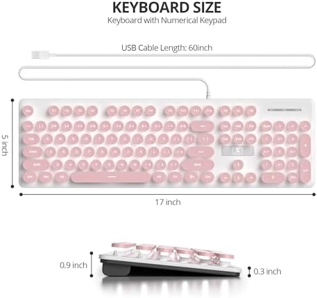 surmen Cute Quiet Keyboard Pink Wired Typewriter Keyboard, Light Up Backlit PC Keyboards with Retro Round Keys Full Size 104 Keys for Office Computer (Pink)