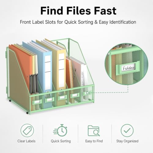 SUPEASY Desk Organizers Metal Desk Magazine File Holder with 5 Vertical Compartments Rack File Organizer for Office Desktop, Classroom, Home Workspace, Green, Plus