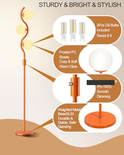 60IN Dimmable Orange Globe Floor Lamp, Mid Century Modern Floor Lamps with 3 Soft Warm White 3000K Bulbs, Standing Lamps with 5Lbs Heavy Base for Living Room Bedroom Home Decor