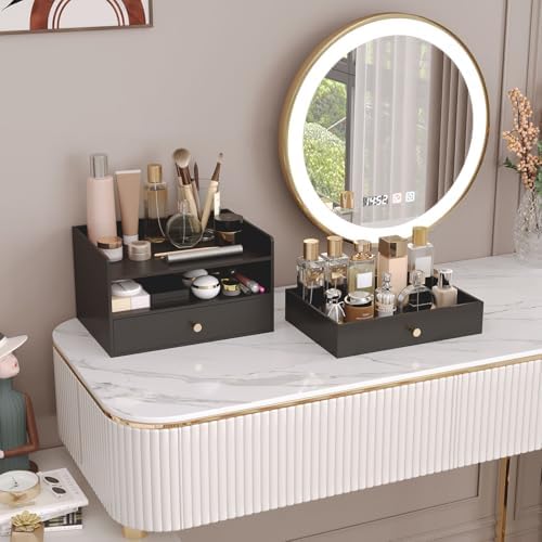 Bamboo Desk Organizer with Drawers,Wooden Desktop Storage(2 Drawers, Black)