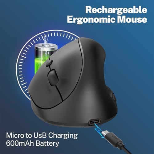 Ergonomic Mouse,Rechargeable Small Vertical Mouse with 6 Buttons Adjustable 800/1200/1600 DPI Purple Wireless Mouse for Laptop, Desktop, PC, MacBook (Black)