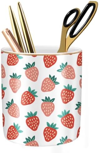 Pencil Holder for Desk, Ceramic Pencil Pens Cup Cute Makeup Brush Holder, Unique Desk Multifunctional Pen Organizer for Home, Office, Strawberries Pattern