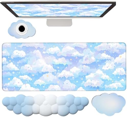 Blue Cloud Mouse Pad and Keyboard Wrist Rest 4PCS Extended Large Stars Desk Mat Pad Set Memory Foam Non-Slip Ergonomic Cute Gaming Mouse Pad Wrist Support for Computer Laptop Home Office