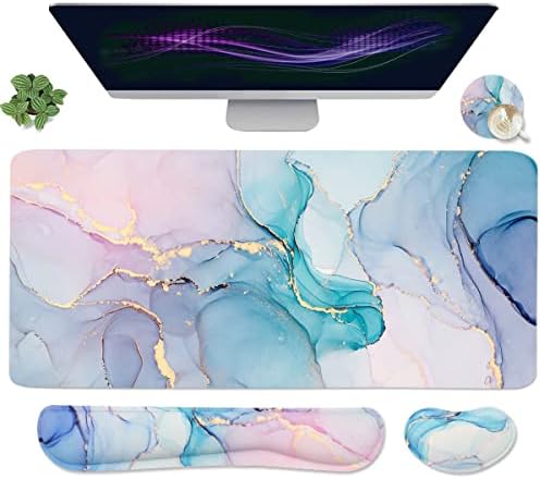 Ergonomic Large Mouse Pad and Keyboard Wrist Rest, Desk Pad for Keyboard and Mouse, 4-in-1 Large Gaming Mouse Pad with Wrist Support - Blue Marble