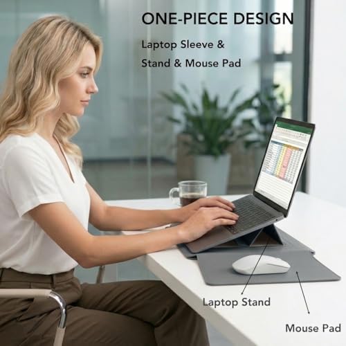 4-in-1 Laptop Sleeve with Stand and Mouse Pad, Faux Leather Protective Case with Accessory Pouch for 15-16 Inch Laptops, Grey