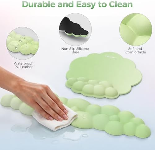 TECKNET Cloud Wrist Rest & Ergonomic Mouse Pad, Cloud Keyboard Wrist Rest with Non-Slip Base, PU Leather Memory Foam Wrist Pad for Keyboard and Mouse, Pain Relief for Typing, Gaming, Green