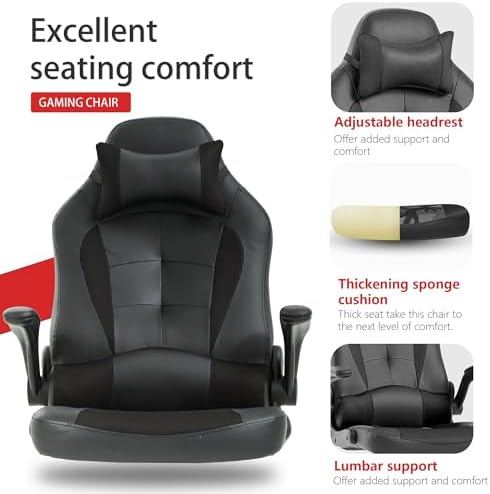 Massage Gaming Chair, PU Leather Gaming Chairs for Adults, Comfy Office Chair Ergonomic Desk Chair Computer Chair with Flip Up Arms, Swivel Reclining Gamer Chair, Height & Backrest Adjustable, Black