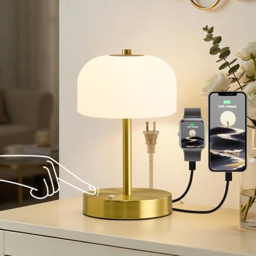 Oneach 9" Corded Touch Control Gold Table Lamp with USB A+C Charging Ports, Dimmable LED Bedside Lamp with 3 Color Temperatures, Small Modern Table Lamps for Bedroom Nightstand Living Room