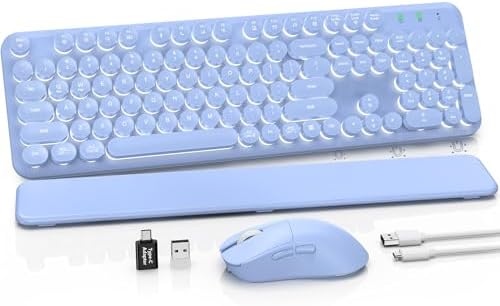 Wireless Keyboard and Mouse Combo, Backlit Round Keycaps, Retro Typewriter Keyboard with Detachable Wrist Rest, Rechargeable & Tilt Legs, 2.4GHz Cordless Connection for Windows/PC (Glowing Purple)