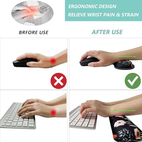 Keyboard Wrist Rest Mouse Wrist Support Set, Memory Foam Wrist Rest Pad for Computer Laptop Keyboard Mouse, Ergonomic Wrist Cushion Support for Typing Pain Relief, Gaming Home Office, Flower Black