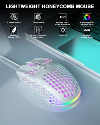 SOLAKAKA SM900 Gaming Mouse Wired with RGB,Adjustable 12800 DPI Wired Gaming Mouse with Side Buttons,Computer Mouse for Laptop/PC,White
