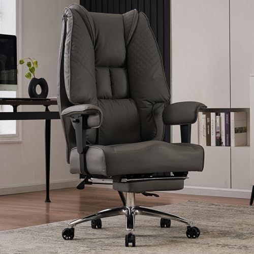 EXCEBET Big and Tall Office Chair 400lbs Wide Seat, Leather High Back Executive Office Chair with Foot Rest, Ergonomic Chairs Lumbar Support for Lower Back Pain Relief (Grey)