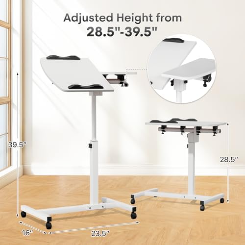 Athena Collection Adjustable Standing Desk with Wheels Overbed Table, White