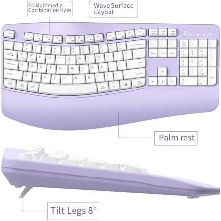 Wireless Keyboard and Mouse Combo,2.4G Ergonomic Wave Keys(Purple)