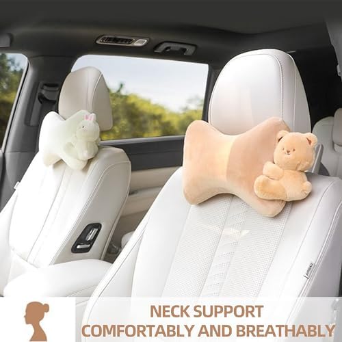 Car Headrest Pillow 2PCS Plush Bear ＆ Bunny Car Seat Headrest Pillow - Memory Foam Neck Support Cushions for Comfortable Driving, Easy Install & Washable (White Rabbit)