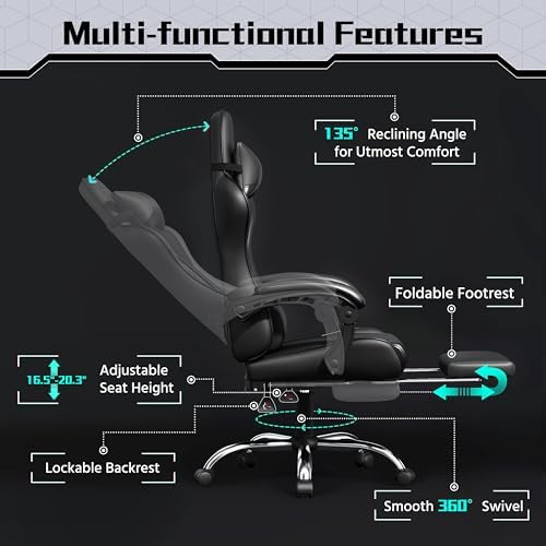 Yaheetech Gaming Chair with Footrest Massage Lumbar Pillow Reclining Black