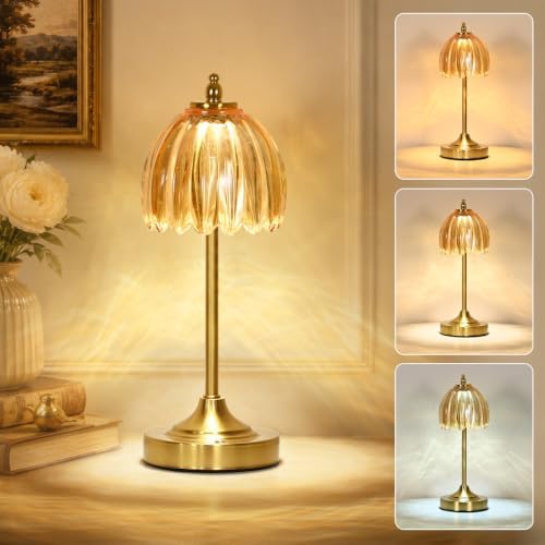 Glass Tulip Table Lamp, Cordless Rechargeable Desk Lamp - Amber