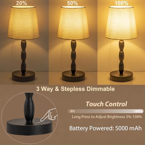 CASTLELIFE Rechargeable Cordless Table Lamp, 5000mAh Battery Powered Touch Desk Lamp, 3-Level & Stepless Dimmable Night Light, Portable Bedside Lamp for Bedroom, Outdoor, Bulb Included, Black