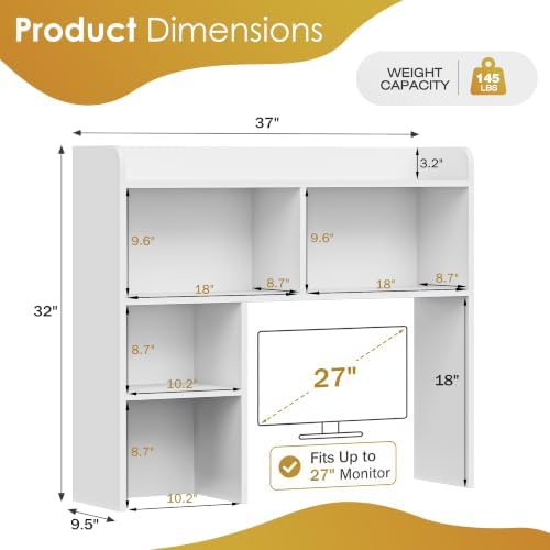 SUPER DEAL Desktop Bookshelf, Countertop Storage Hutch with 3 Shelves for Computer Desk, 2-Tier Display Rack, Multipurpose Wood Desk Hutch Storage Organizer for Home Office Dorm, White