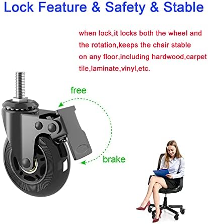 3" Caster Wheels set of 5(3 with Safety Dual Brake,2 without),Heavy Duty Swivel Castors w 3/8"-16UNC Threaded Stem, No Noise Rubber wheels,Safe for HardWwood,Carpet,Fit Chair,Workench,Shelf