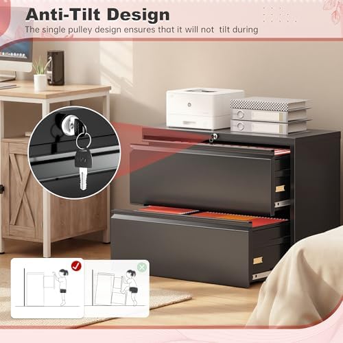 Superday Lateral File Cabinet 2 Drawer Metal File Cabinet with Lock, Black Filing Cabinets for Home Office, Locking Filing Cabinets Hanging Files Letter/Legal/F4/A4