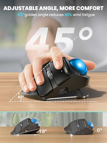 Wireless Trackball Mouse, Adjustable Angle, Rechargeable, Backlit-Blue Ball