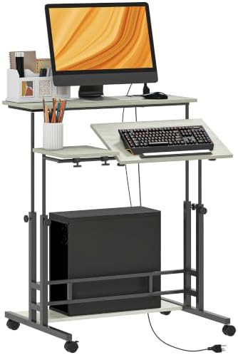 HOMCOM Height Adjustable Standing Desk Power Outlets Lockable Wheels, Oak