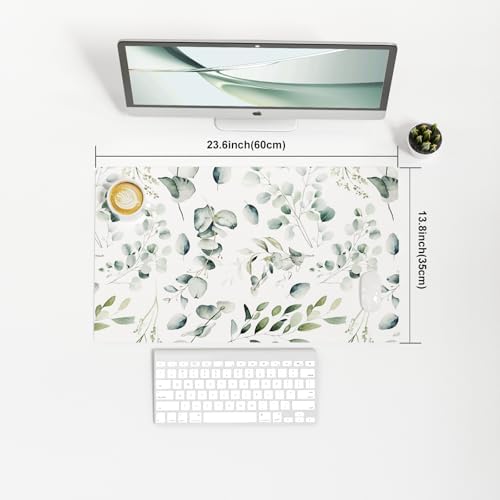 Leather Large Mouse Pad, Office Desk Mat, 23.6"x13.8", Eucalyptus Leaves