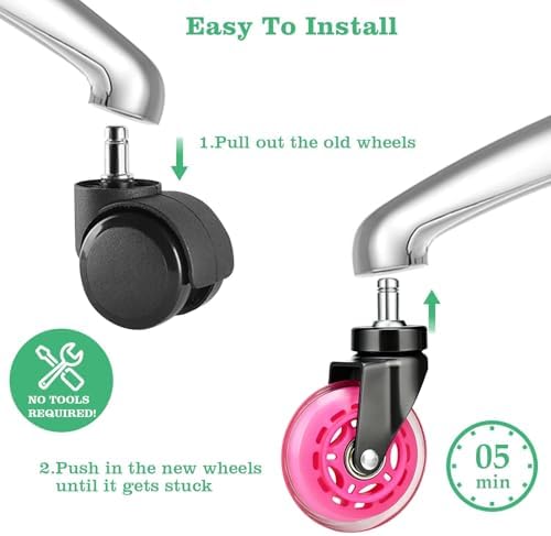 3" Office Chair Wheels (As Seen On PRC) Heavy Duty with Universal Grip Ring Stem(7/16" x7/8"),Replacement Rubber Chair Casters fits 98% Chairs for All Floors (Magenta)